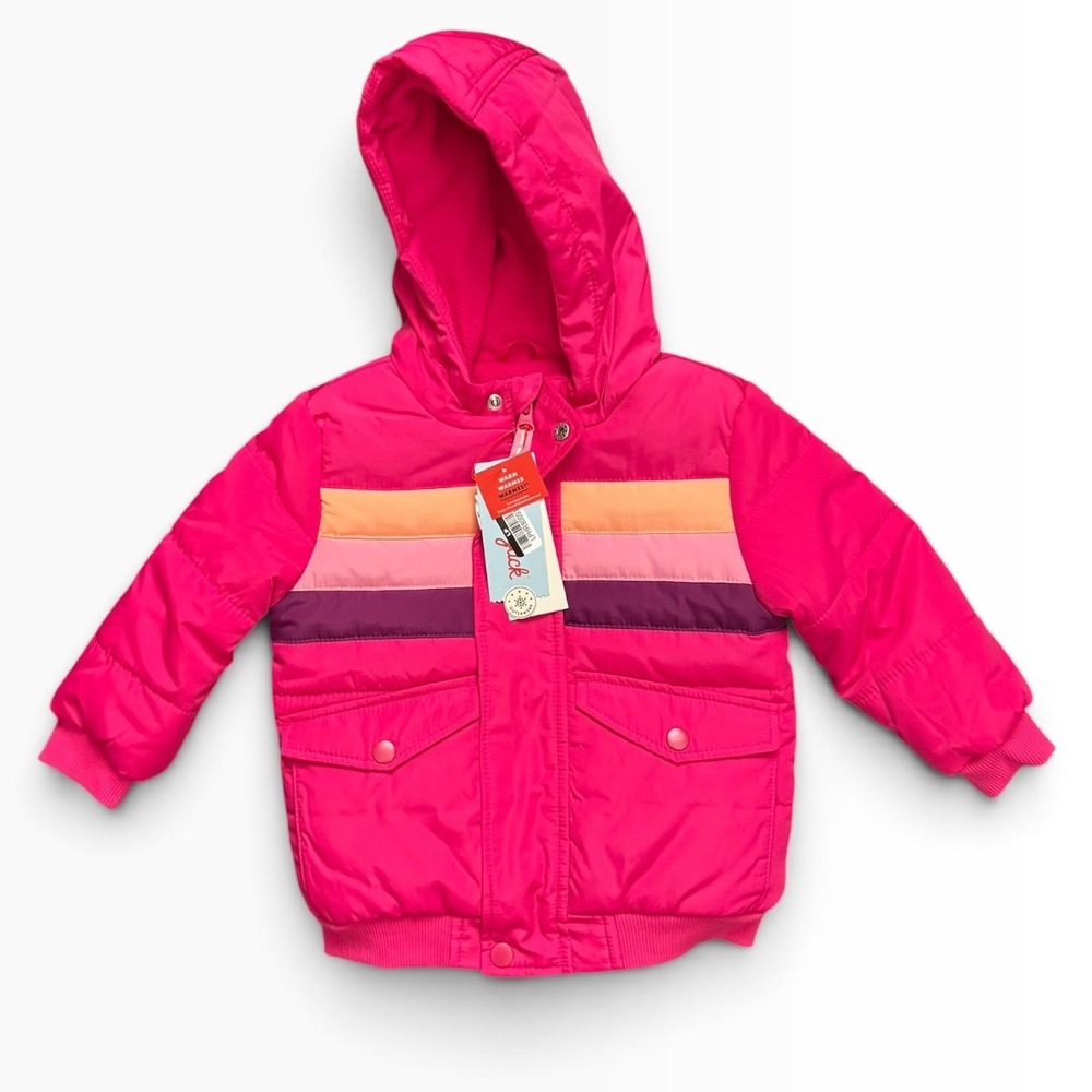 Cat & Jack Girls Dark Pink Striped Puffer Jacket Hooded Water Resistant 3T NEW